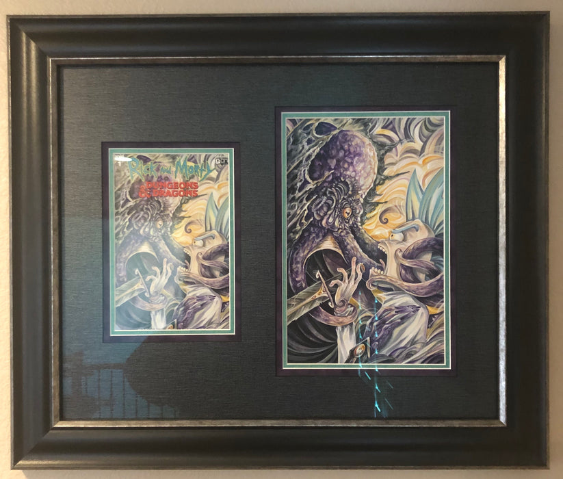 Mainstream Museum of Comics & Comic Art - Rick & Morty #1 (1:10 ratio variant) Dungeons and Dragons - Original Cover Art w/ completed Comic Book in custom frame.
